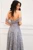 Wilhelmina Beaded Off Shoulder Formal Dress: Charcoal sold by Bella and Bloom