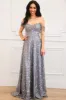 Wilhelmina Beaded Off Shoulder Formal Dress: Charcoal sold by Bella and Bloom