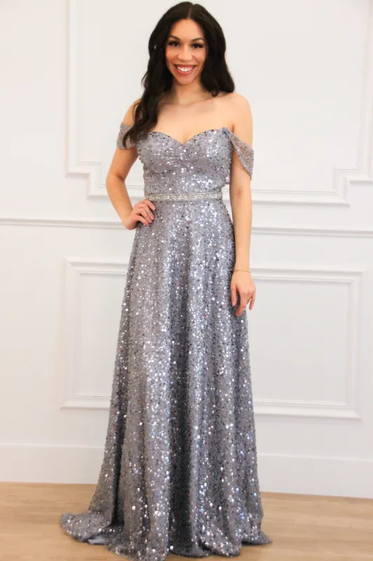 Wilhelmina Beaded Off Shoulder Formal Dress: Charcoal sold by Bella and Bloom