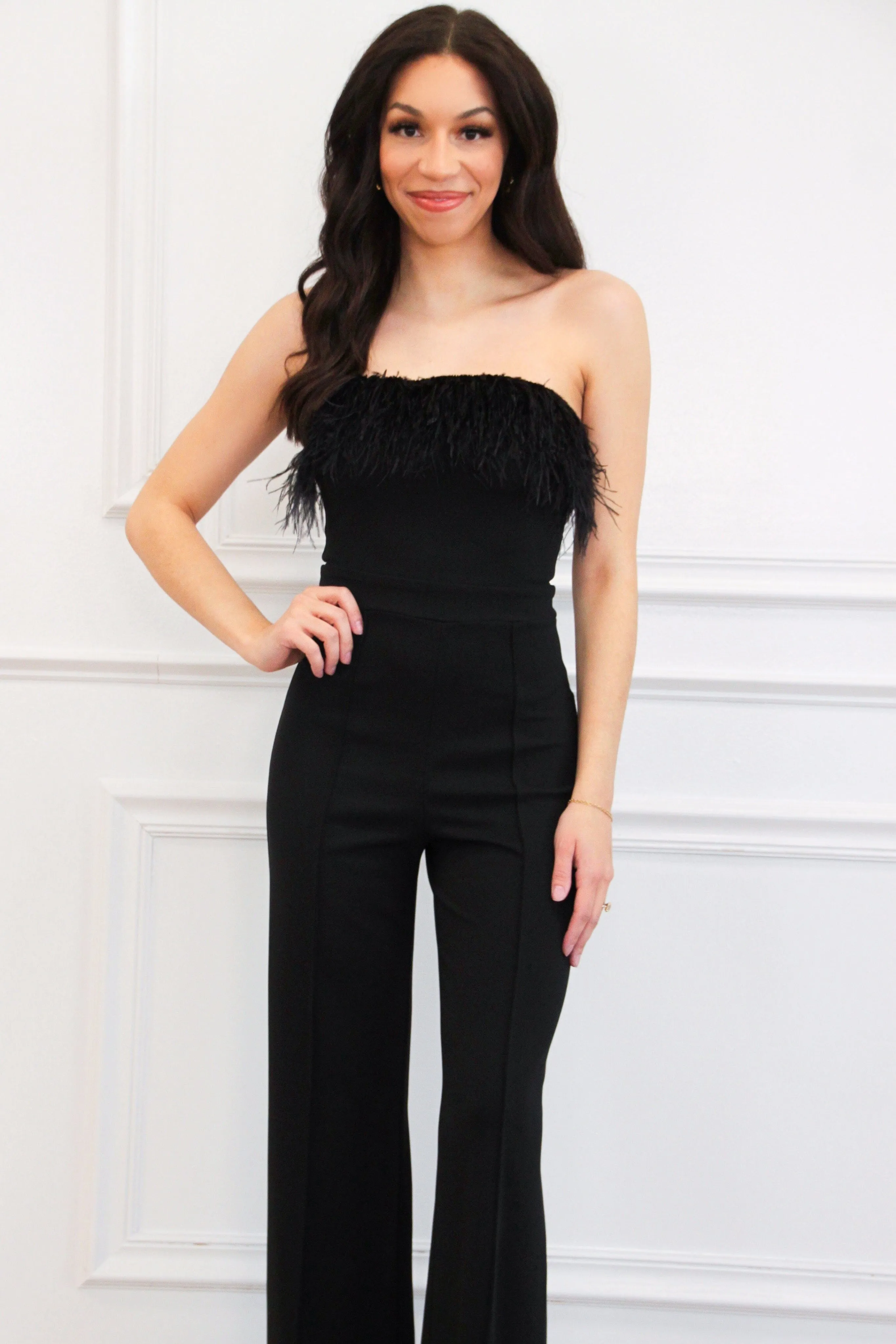Memory Lane Feather Jumpsuit: Black sold by Bella and Bloom product image thumbnail 2