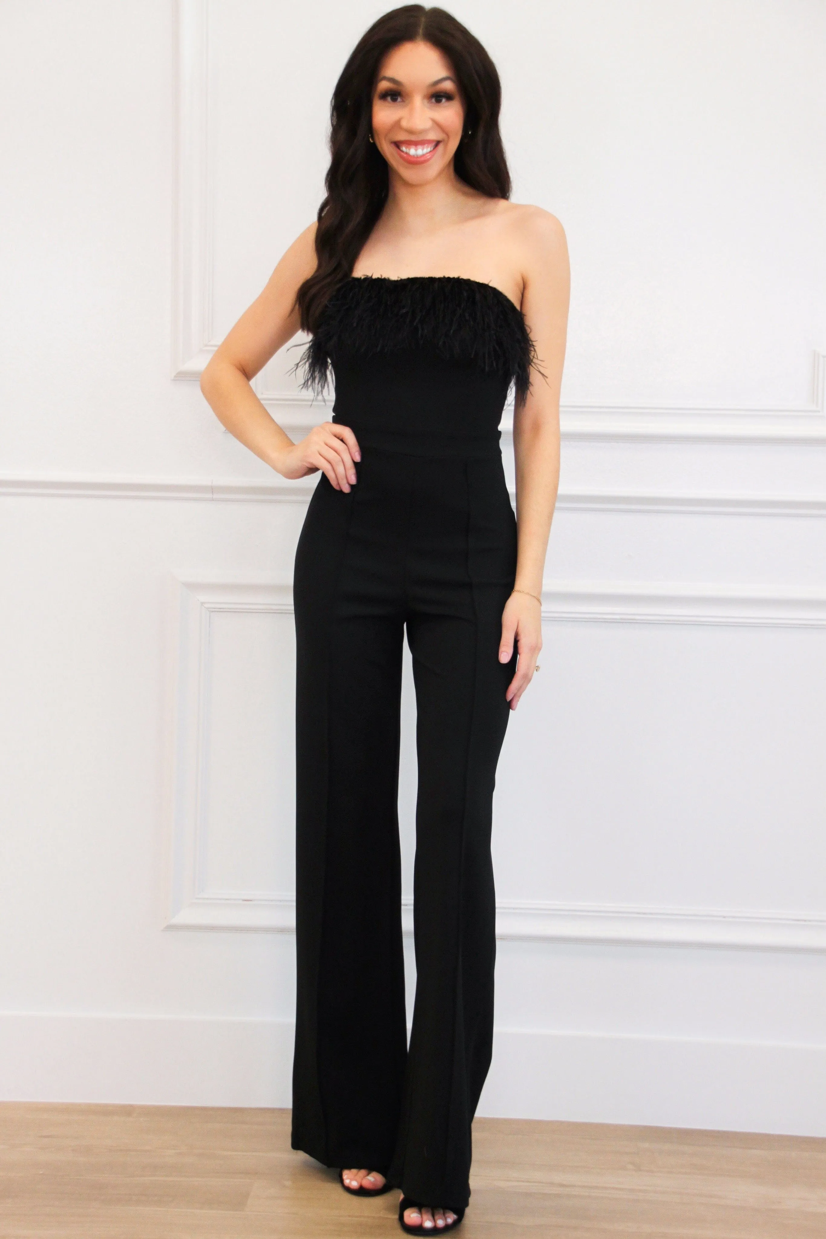 Memory Lane Feather Jumpsuit: Black sold by Bella and Bloom