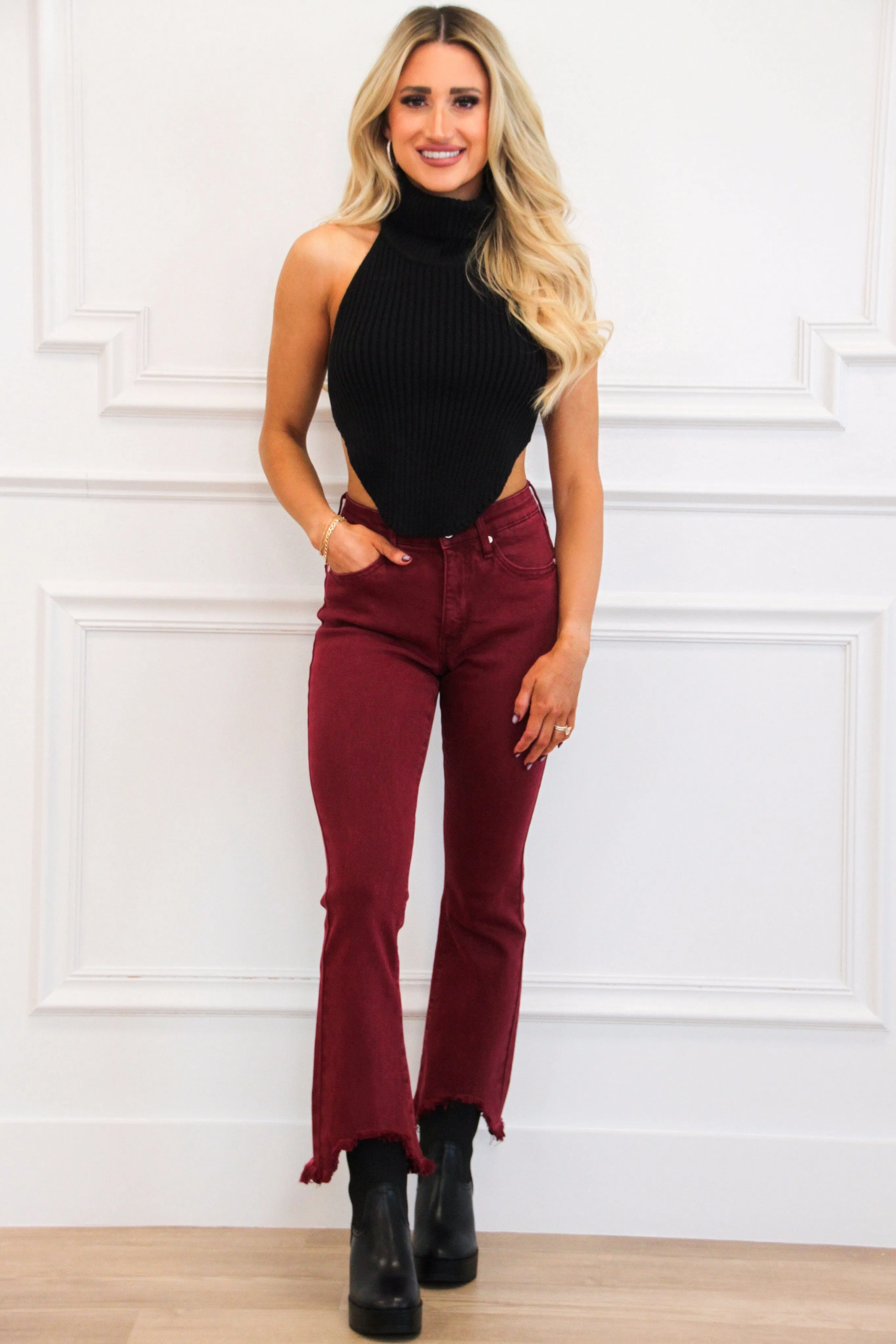 Beverly High Neck Open Back Sweater Crop Top: Black sold by Bella and Bloom