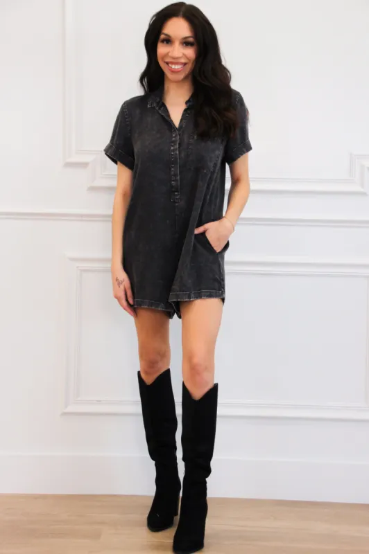 Every Day Casual Washed Denim Romper: Black sold by Bella and Bloom