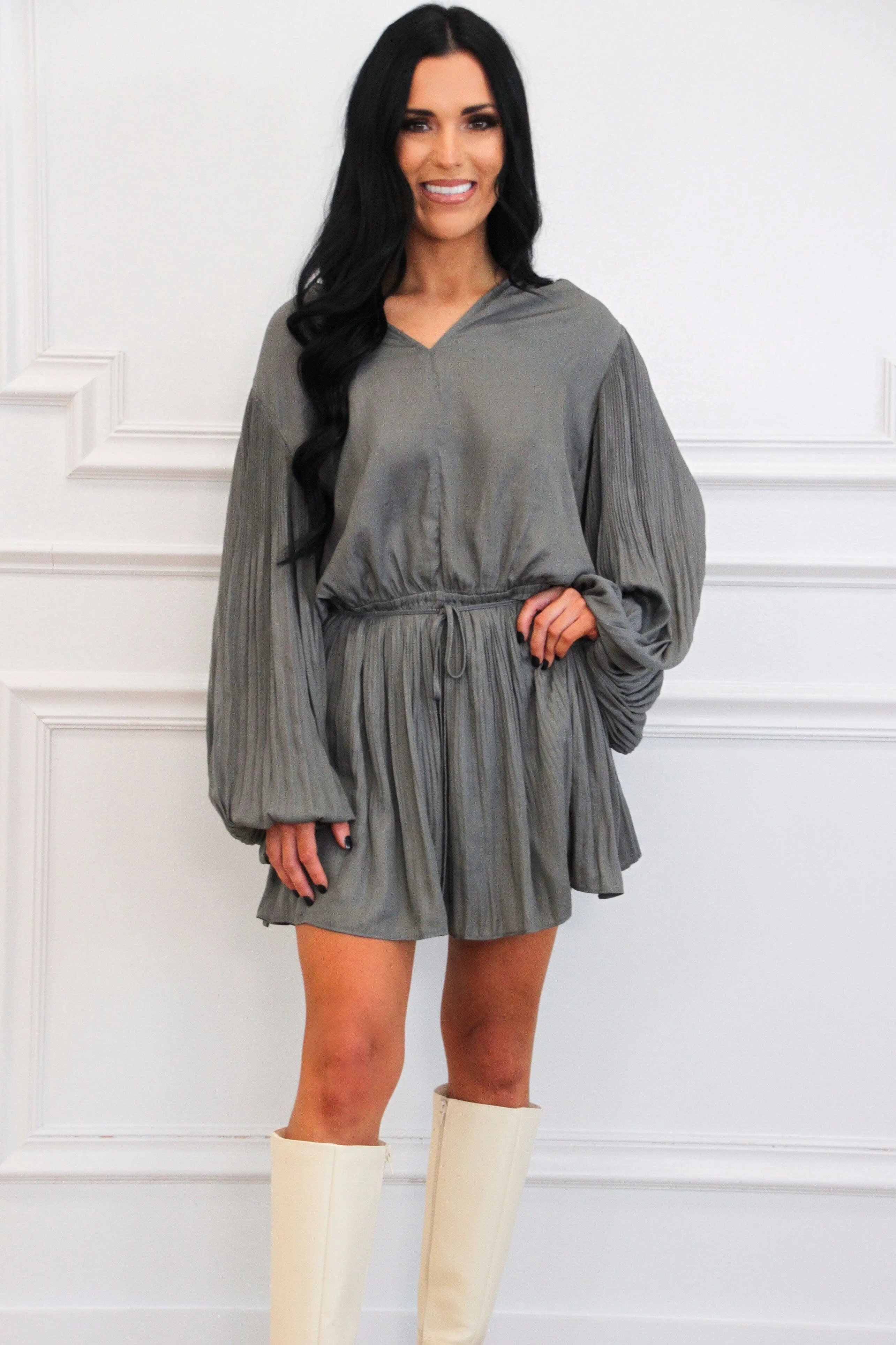Let It Be Pleated Tunic Dress: Gray Sage sold by Bella and Bloom product image thumbnail 3