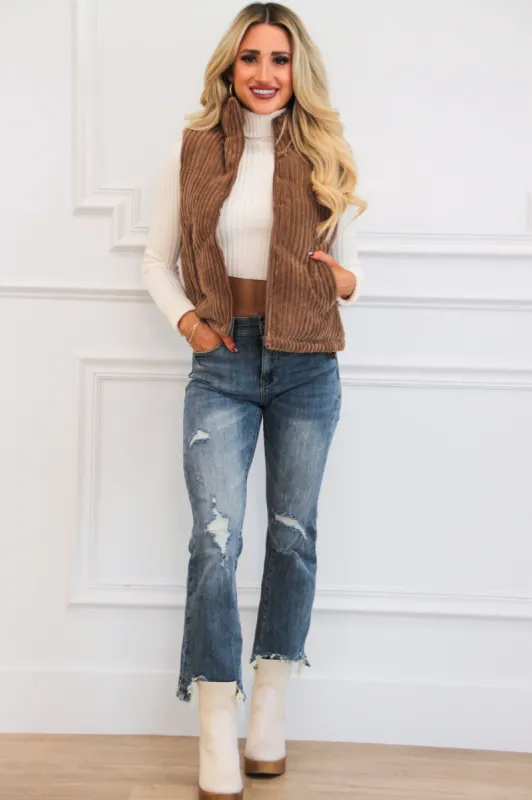 Vayda Corduroy Puffer Vest: Chocolate sold by Bella and Bloom