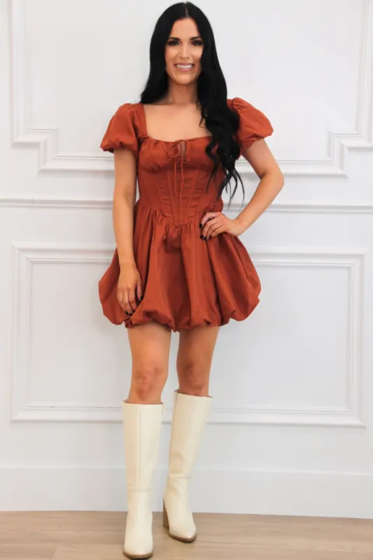 Always You Bustier Bubble Hem Mini Dress: Brick sold by Bella and Bloom