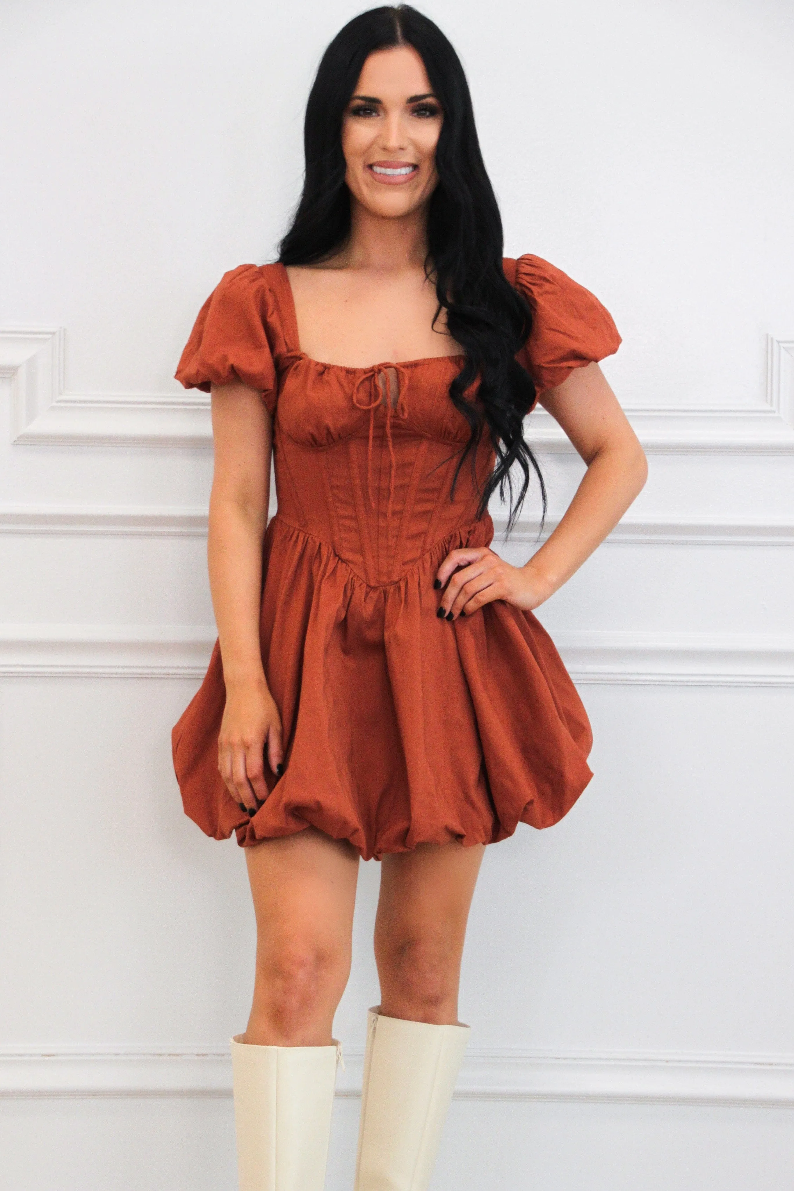 Always You Bustier Bubble Hem Mini Dress: Brick sold by Bella and Bloom product image thumbnail 2