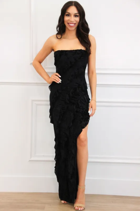 Wiley Strapless Ruffle Velvet Floral Maxi Dress: Black sold by Bella and Bloom
