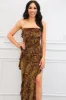 Wiley Strapless Ruffle Velvet Floral Maxi Dress: Mocha sold by Bella and Bloom