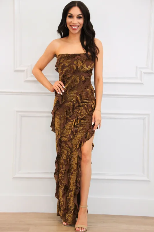 Wiley Strapless Ruffle Velvet Floral Maxi Dress: Mocha sold by Bella and Bloom