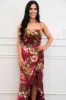 Azura Lace Up Back Satin Ruffle Maxi Dress: Wine Merlot Rose sold by Bella and Bloom