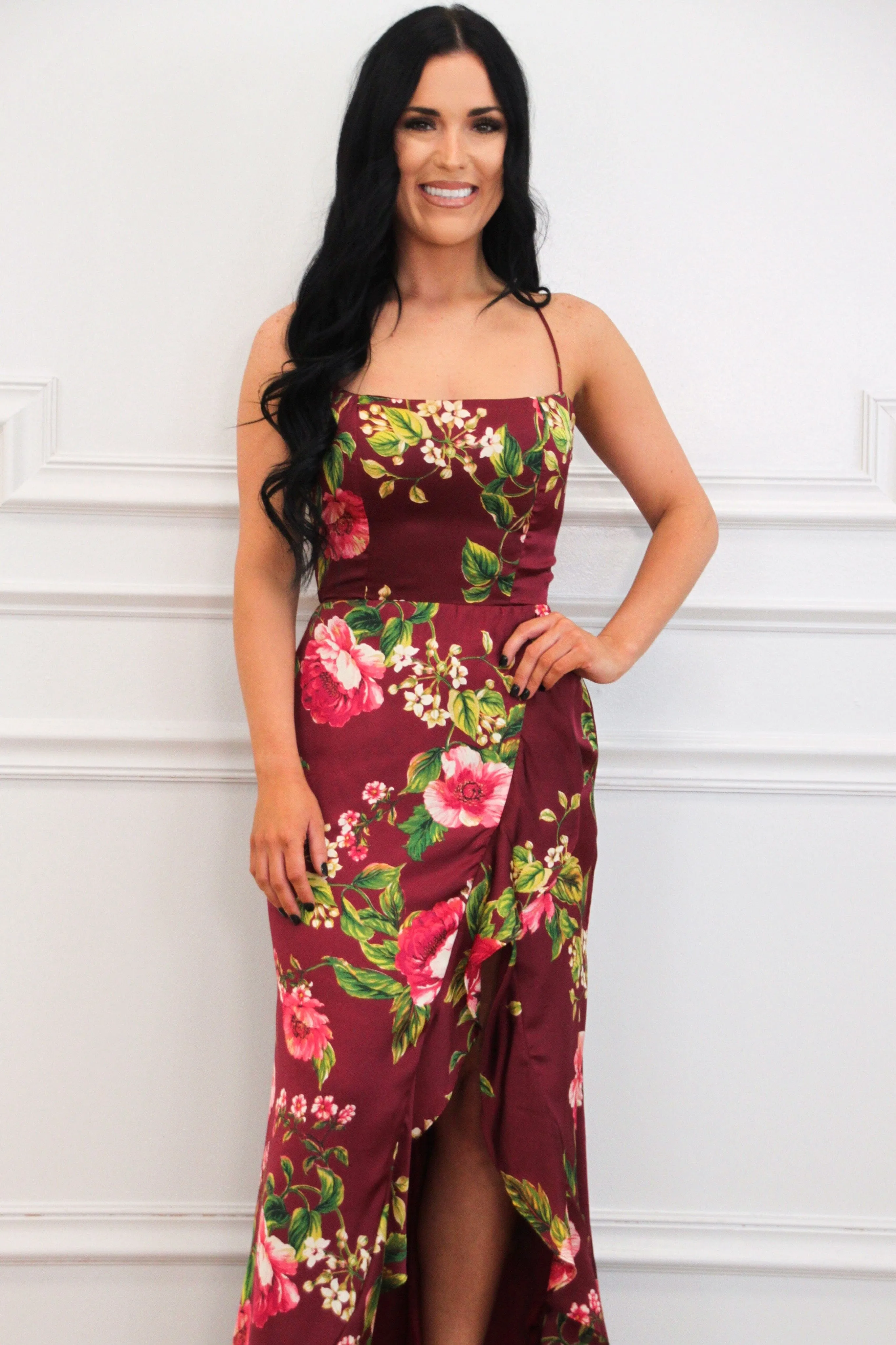 Azura Lace Up Back Satin Ruffle Maxi Dress: Wine Merlot Rose sold by Bella and Bloom product image thumbnail 3