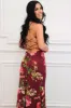 Azura Lace Up Back Satin Ruffle Maxi Dress: Wine Merlot Rose sold by Bella and Bloom