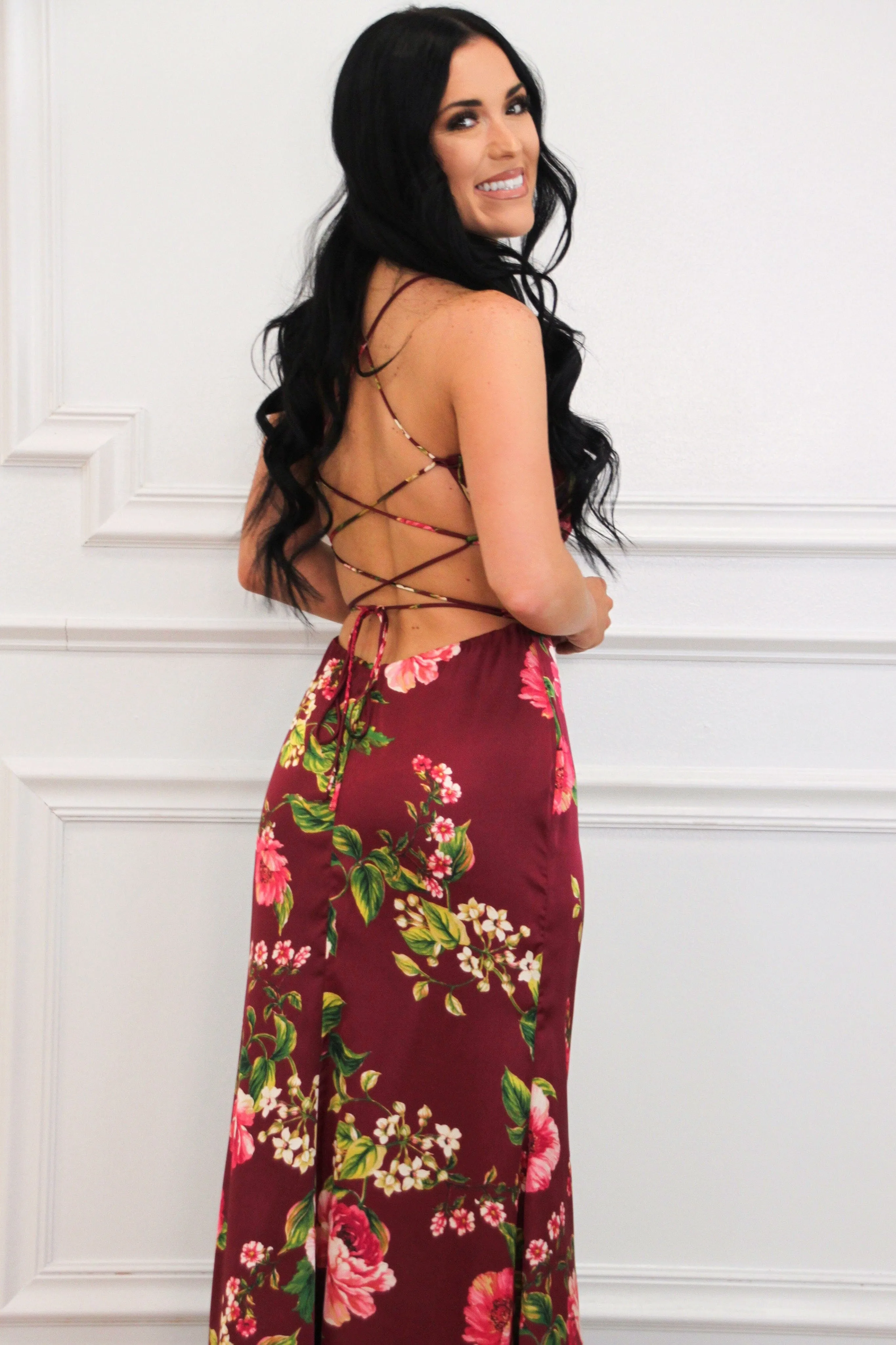 Azura Lace Up Back Satin Ruffle Maxi Dress: Wine Merlot Rose sold by Bella and Bloom product image thumbnail 2