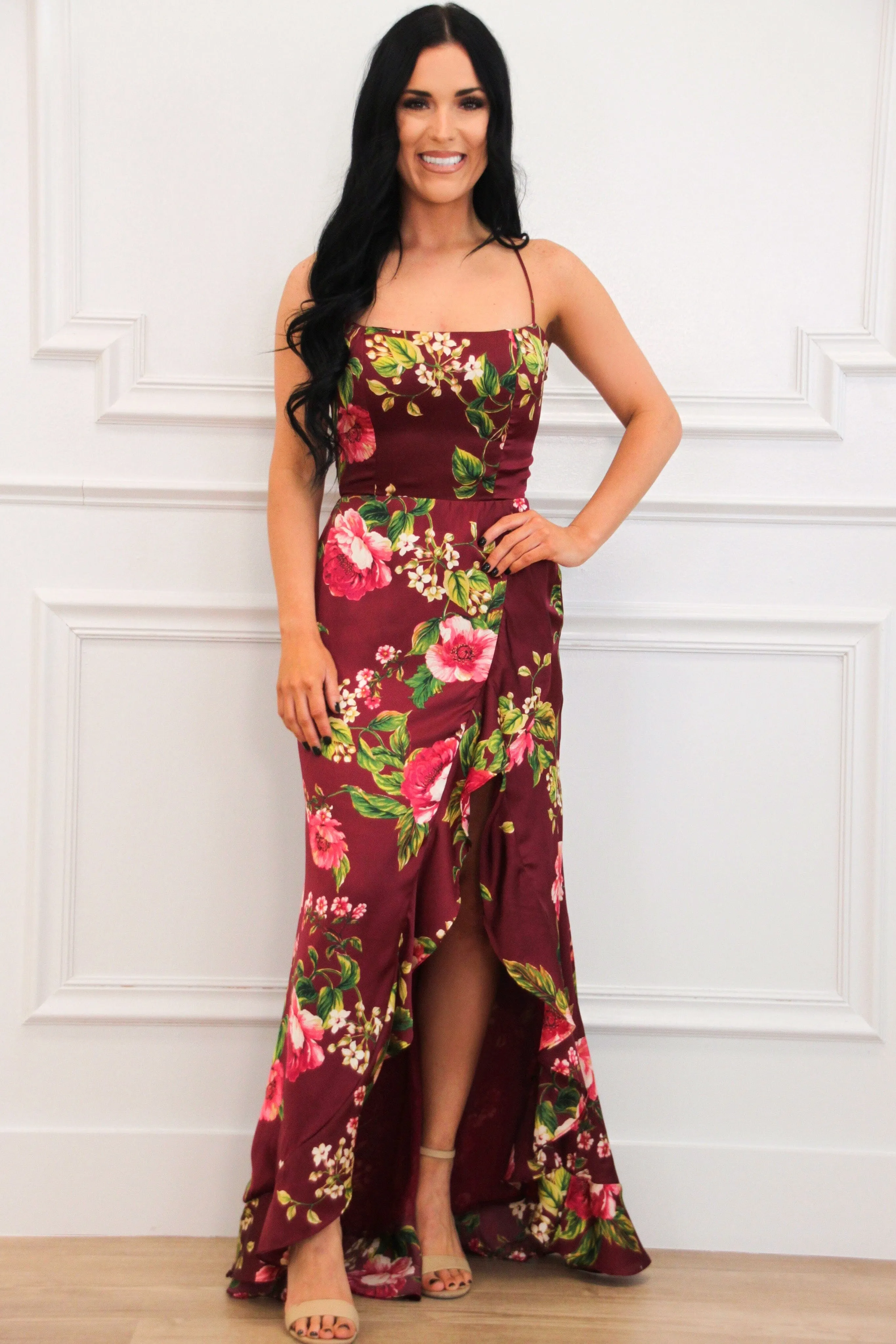Azura Lace Up Back Satin Ruffle Maxi Dress: Wine Merlot Rose sold by Bella and Bloom