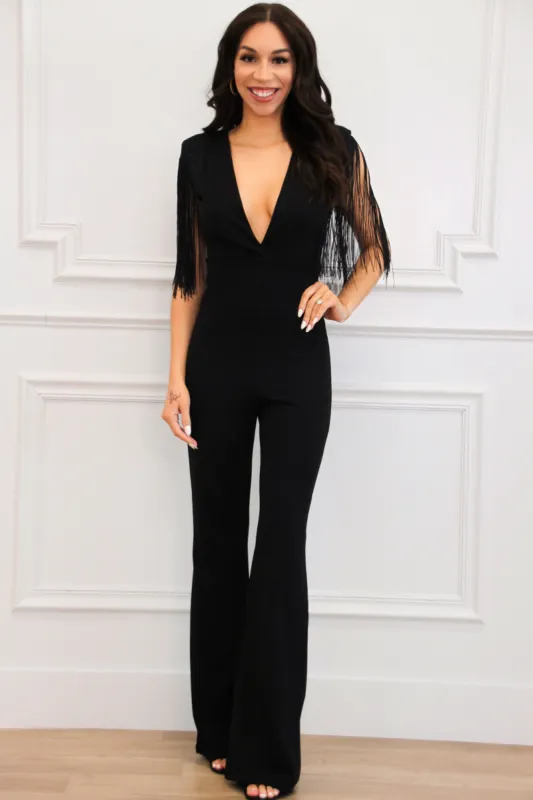 Fort Worth Feels Fringe Jumpsuit: Black sold by Bella and Bloom