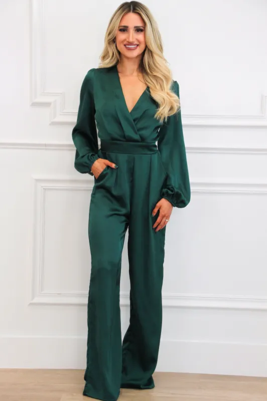 Hattie V Neck Satin Jumpsuit: Emerald sold by Bella and Bloom