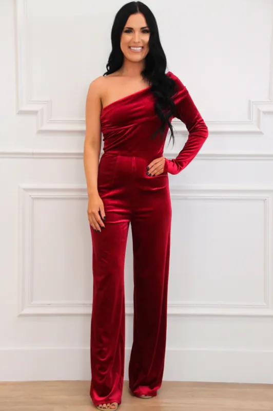 Elissa Velvet One Shoulder Jumpsuit: Burgundy sold by Bella and Bloom