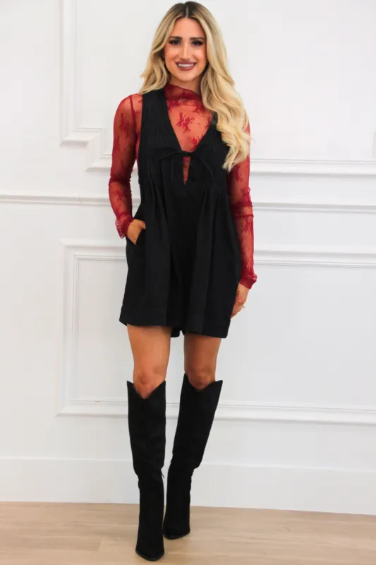 Free Bird Denim Romper: Black sold by Bella and Bloom