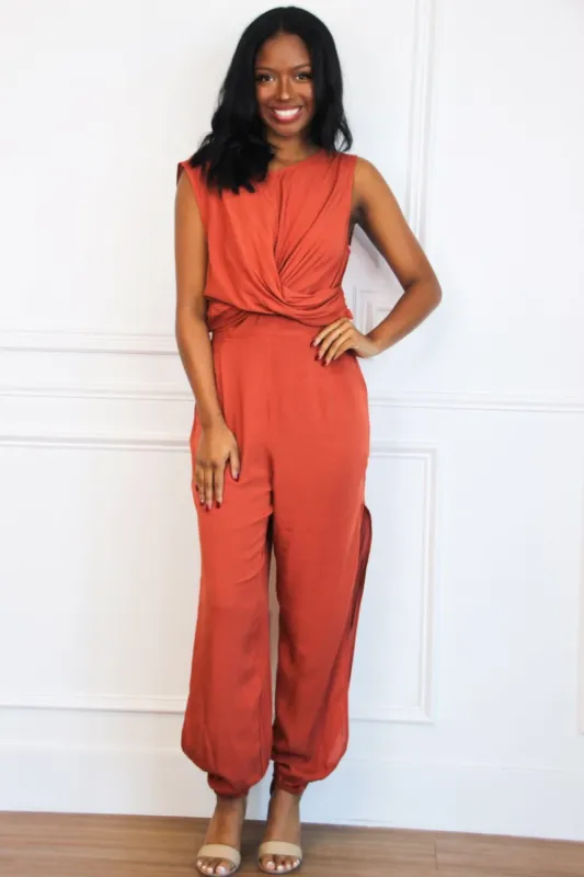 Feels Like Fall Jumpsuit: Rust sold by Bella and Bloom