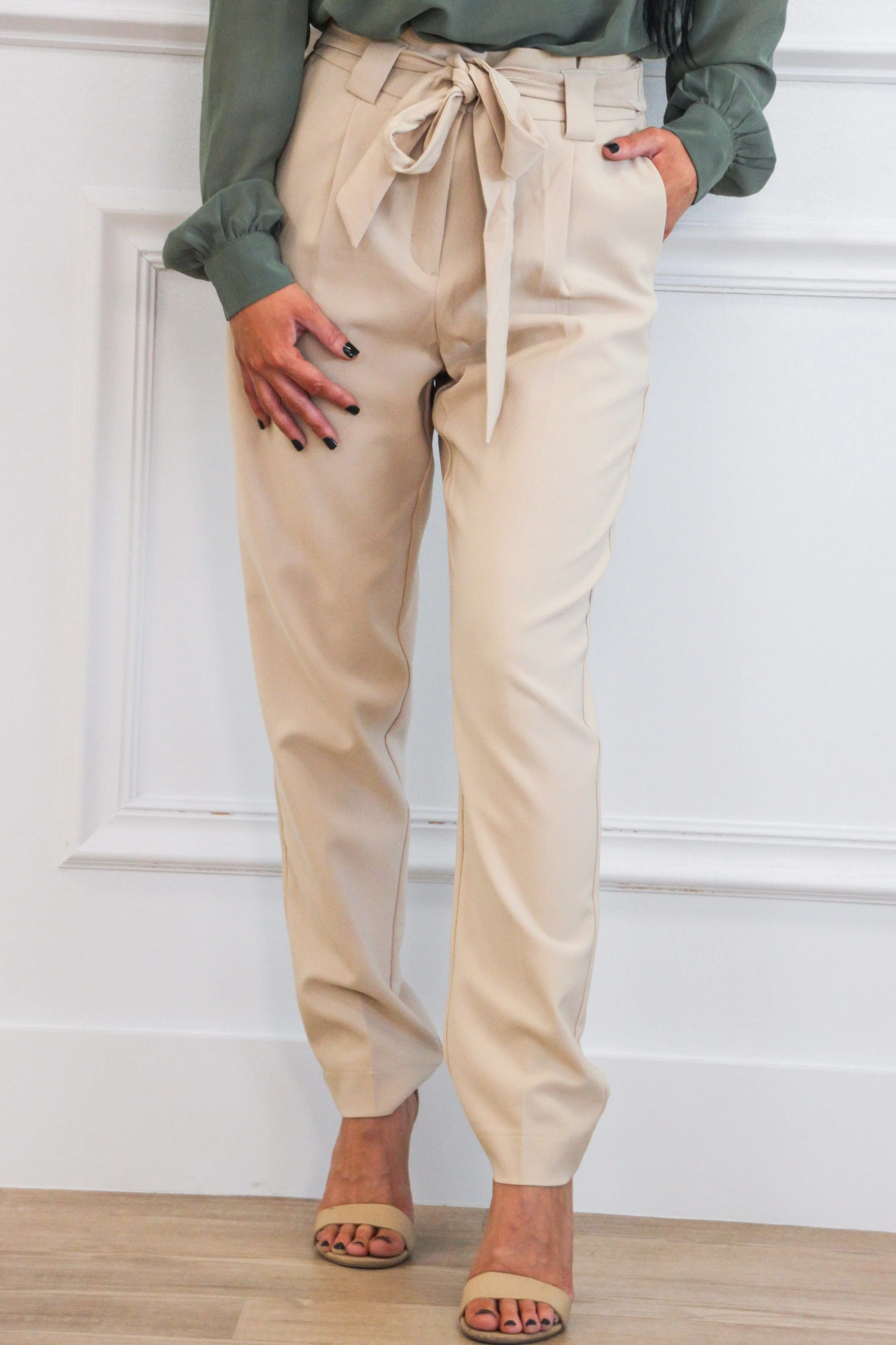 Melly Tie Pants: Khaki sold by Bella and Bloom