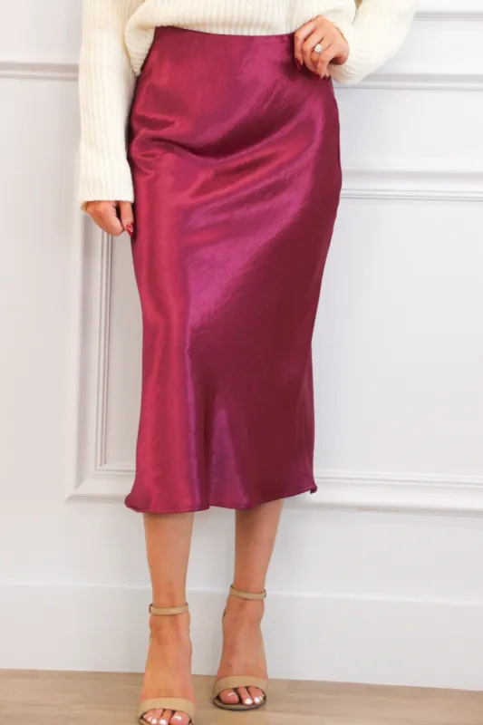 Maizie Satin Midi Skirt: Sangria Berry sold by Bella and Bloom