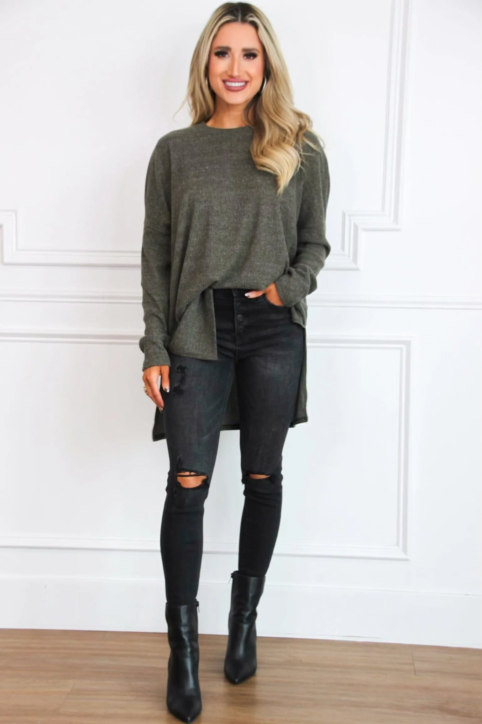 Comfy Every Day Ribbed Oversized Lightweight Sweater: Dark Olive sold by Bella and Bloom