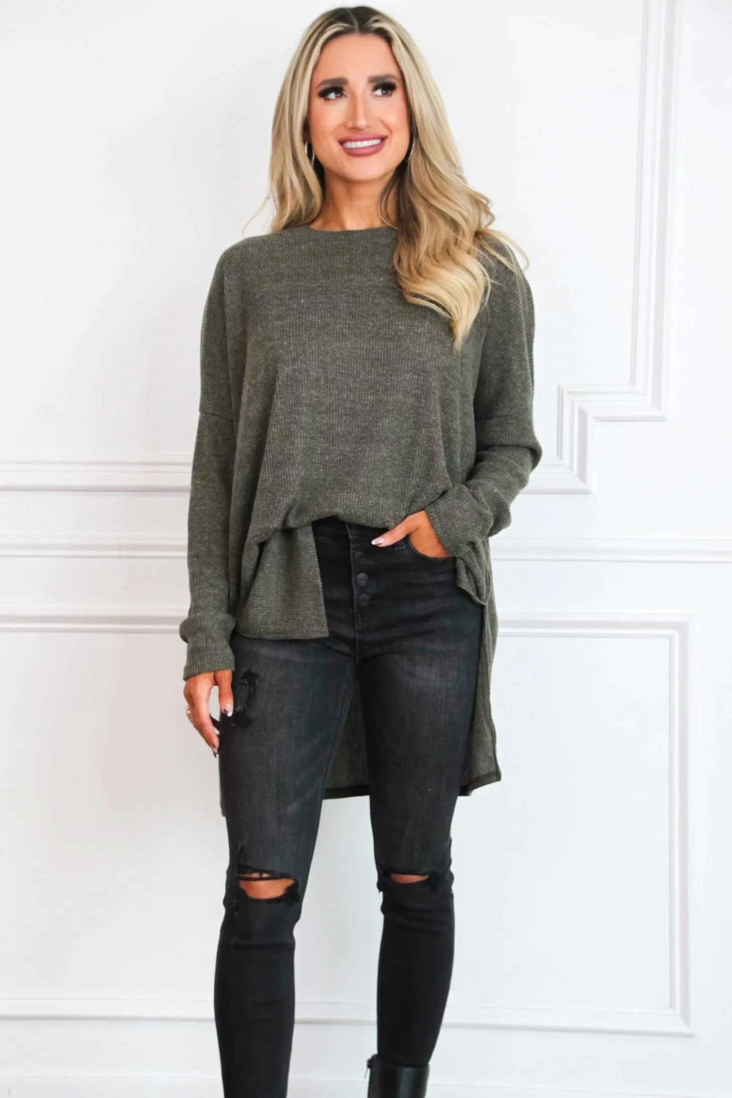 Comfy Every Day Ribbed Oversized Lightweight Sweater: Dark Olive sold by Bella and Bloom product image thumbnail 3