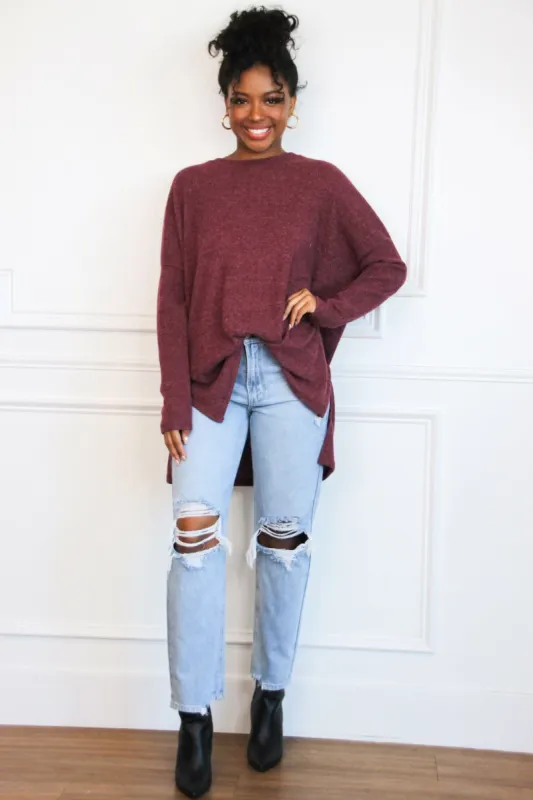 Comfy Every Day Ribbed Oversized Lightweight Sweater: Burgundy sold by Bella and Bloom