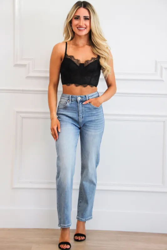 That Girl Sheer Lace Bustier Crop Top: Black sold by Bella and Bloom