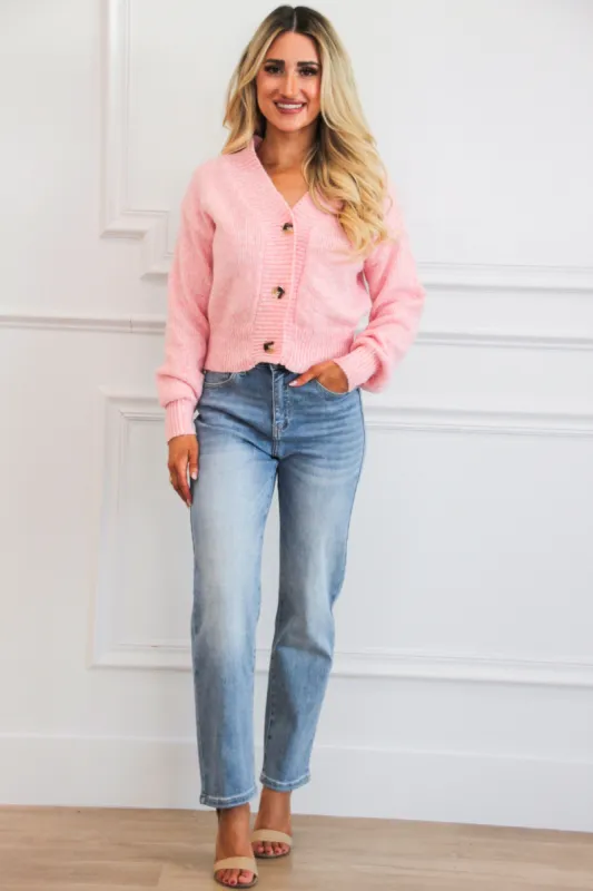 Teagan Button Front Cardigan Sweater: Pink sold by Bella and Bloom