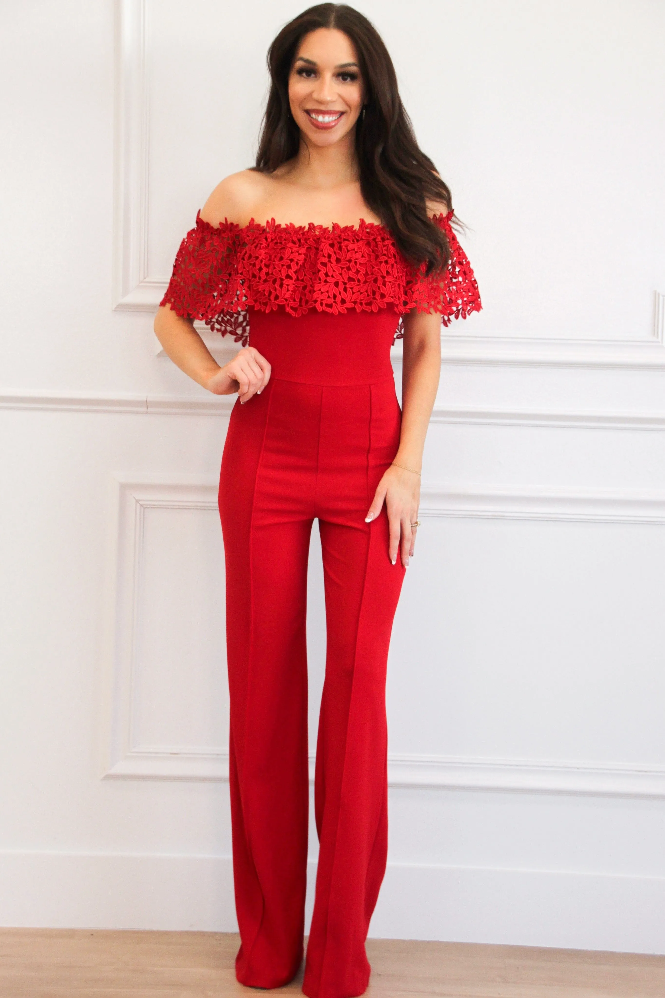 Own the Room Off Shoulder Jumpsuit: Red sold by Bella and Bloom