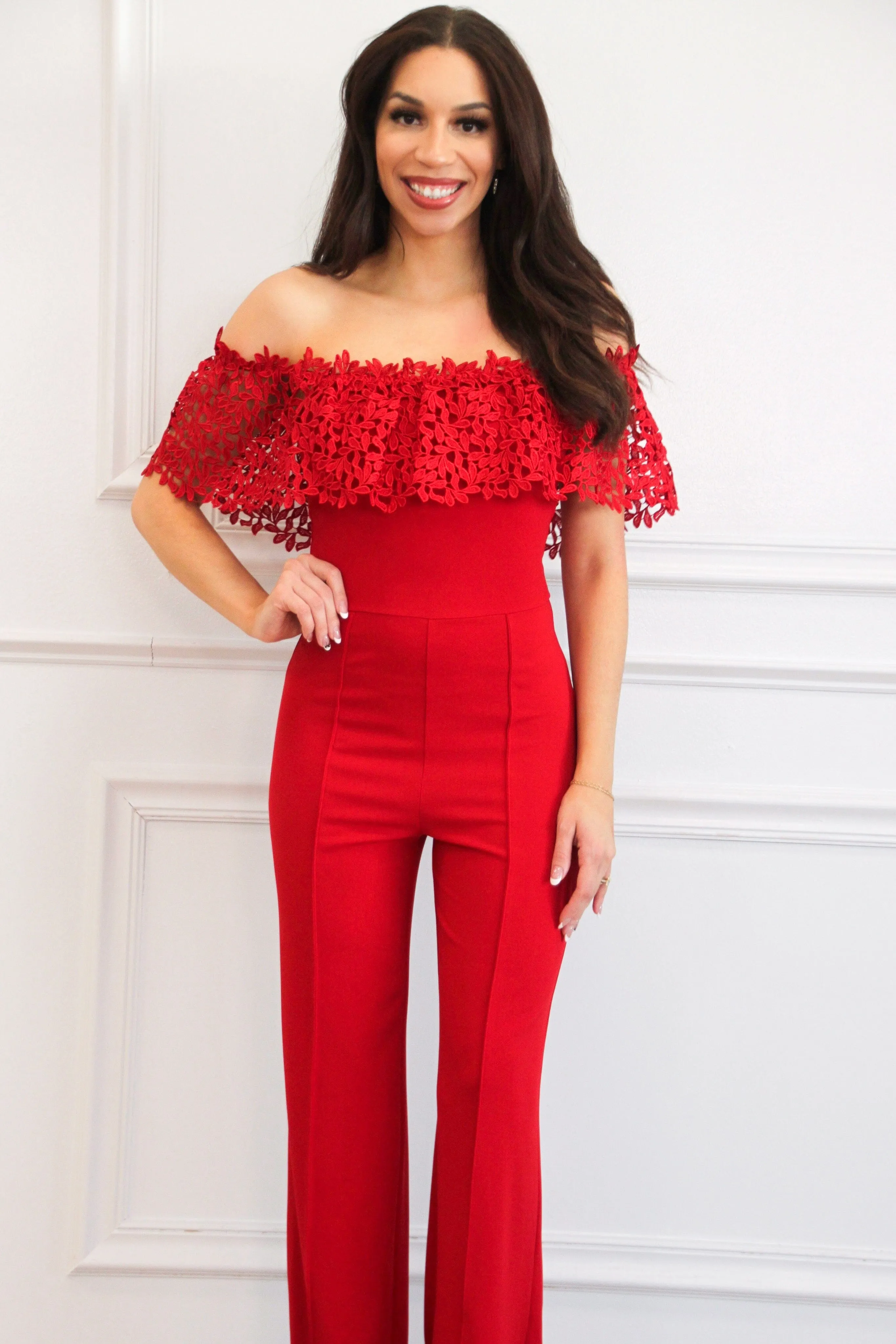 Own the Room Off Shoulder Jumpsuit: Red sold by Bella and Bloom product image thumbnail 2