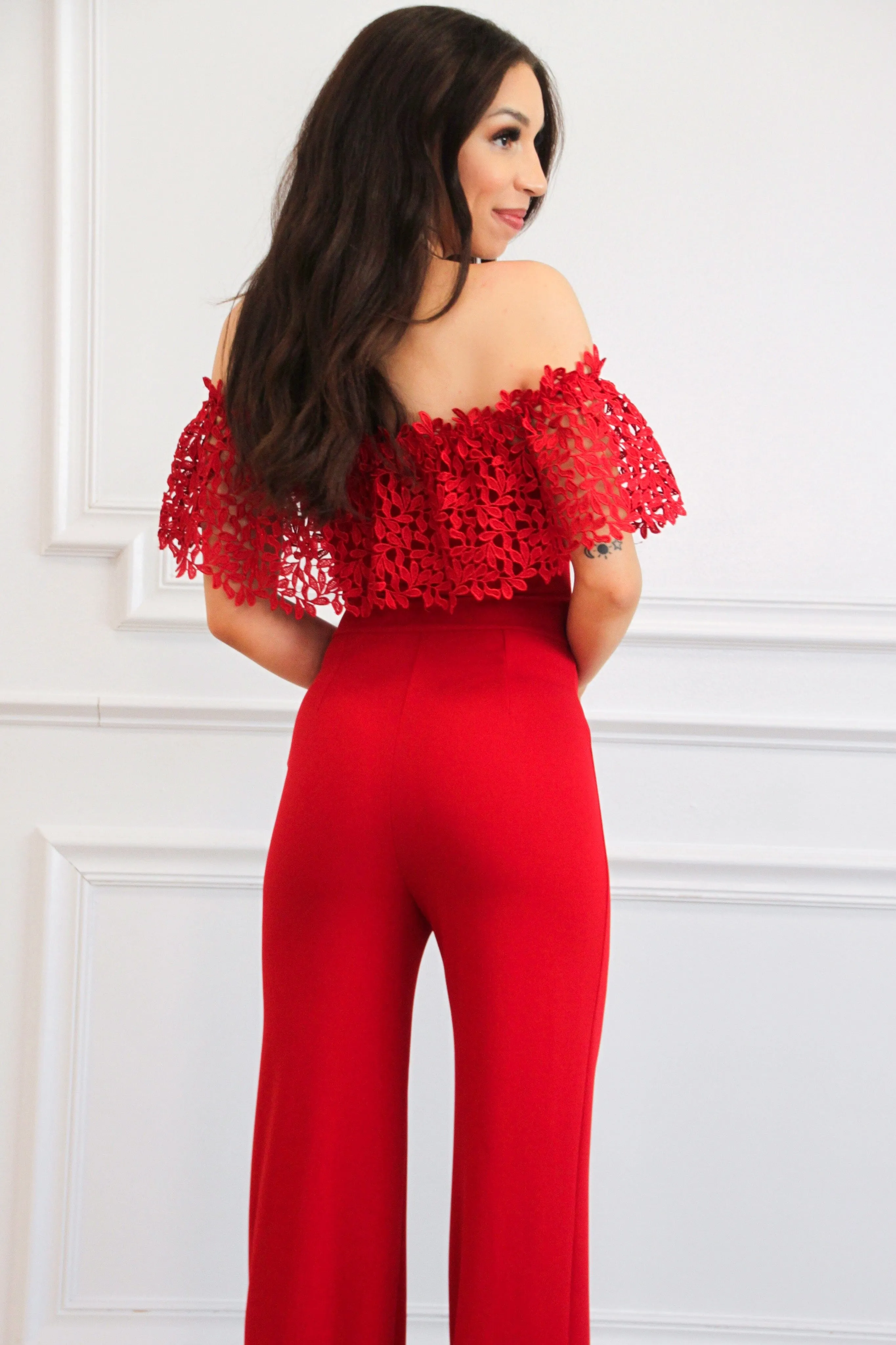 Own the Room Off Shoulder Jumpsuit: Red sold by Bella and Bloom product image thumbnail 3