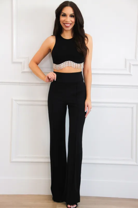 Greer Embellished Fringe Crop Top: Black sold by Bella and Bloom