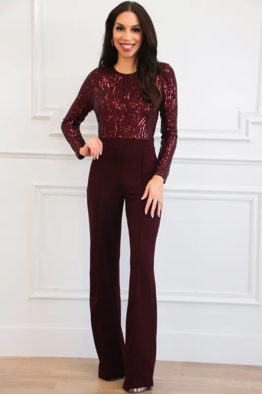 Secret Wish Long Sleeve Sequin Jumpsuit: Wine sold by Bella and Bloom