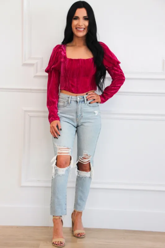 Seeking Happiness Velvet Off Shoulder Bustier Crop Top: Berry Magenta sold by Bella and Bloom