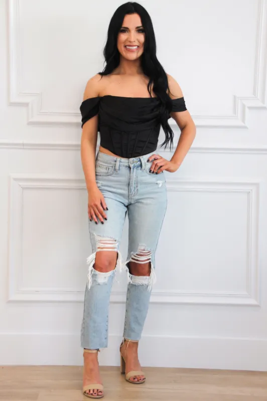 Billy Off Shoulder Satin Bustier Crop Top: Black sold by Bella and Bloom