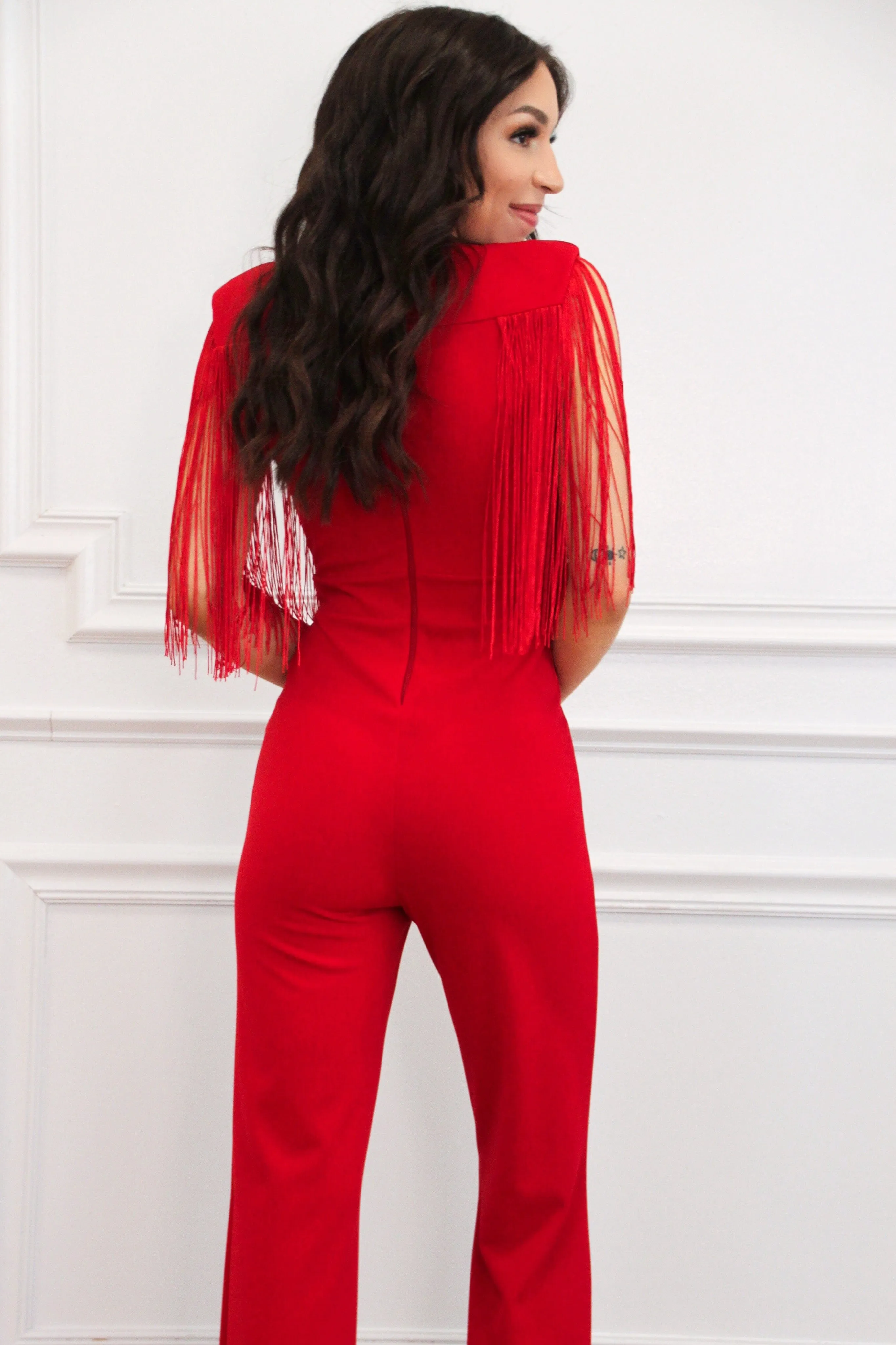 Fort Worth Feels Fringe Jumpsuit: Red sold by Bella and Bloom product image thumbnail 3