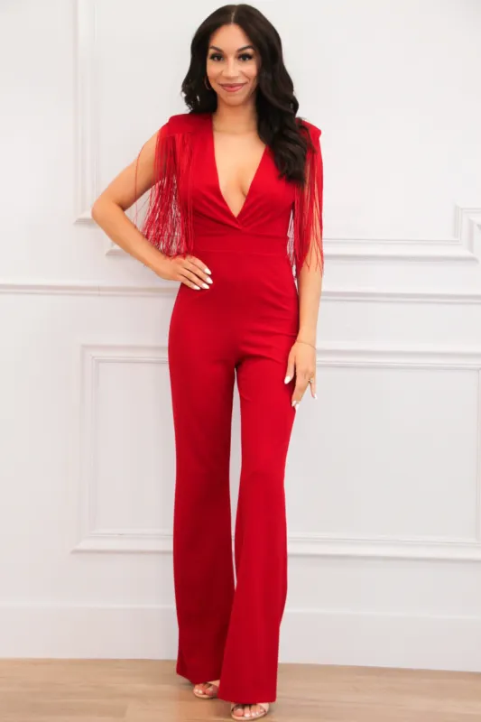 Fort Worth Feels Fringe Jumpsuit: Red sold by Bella and Bloom