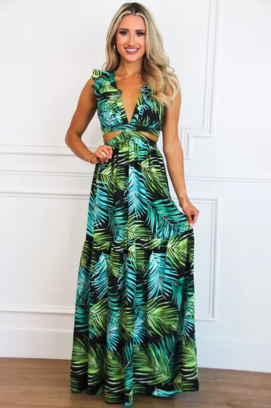 Leave You With a Smile Flutter Sleeve Maxi Dress: Black TROPICAL sold by Bella and Bloom