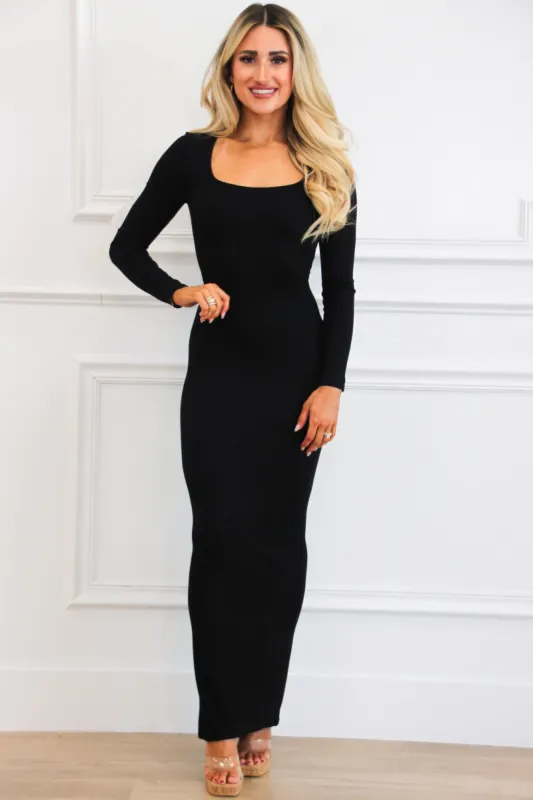 Kimberly Ribbed Long Sleeve Maxi Dress: Black sold by Bella and Bloom