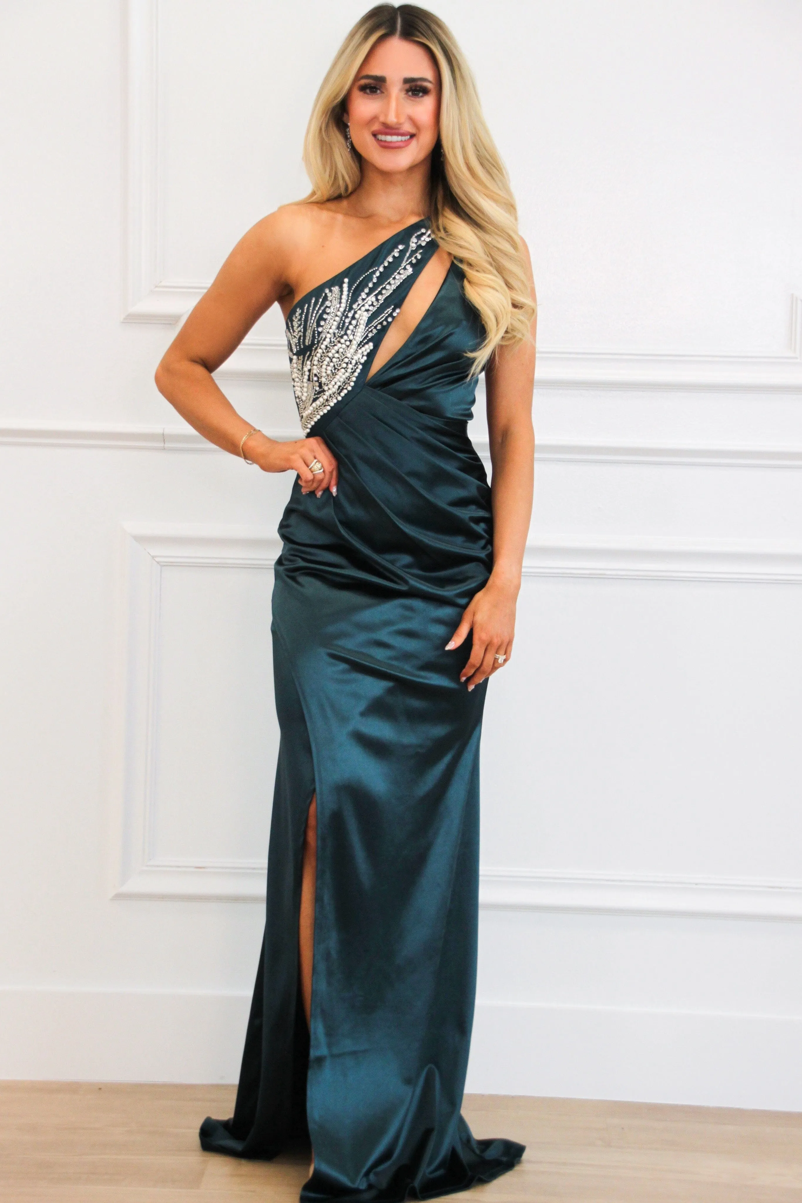 Enchanted Muse One Shoulder Embellished Satin Maxi Dress: Teal sold by Bella and Bloom