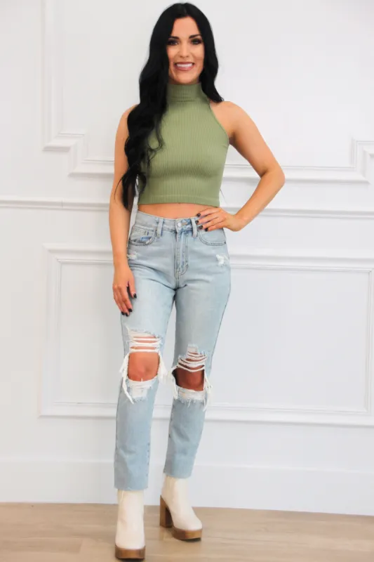 Liam High Neck Thick Ribbed Crop Top: Dusty Sage sold by Bella and Bloom