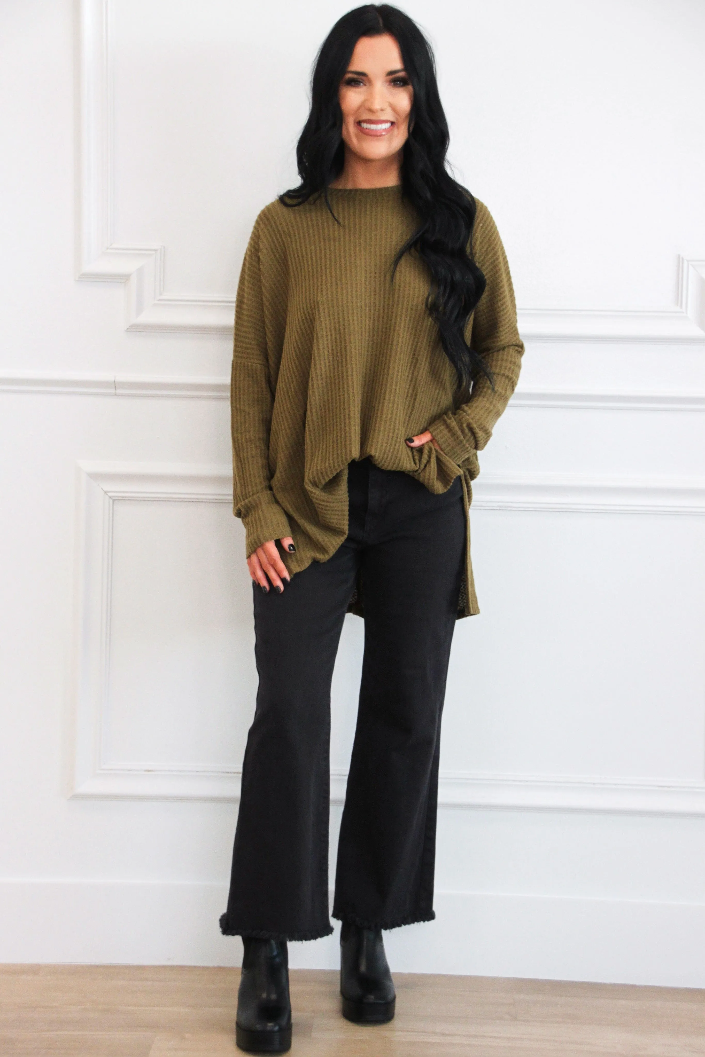 Fall Comfort Oversized Thermal Top: Dusty Olive sold by Bella and Bloom
