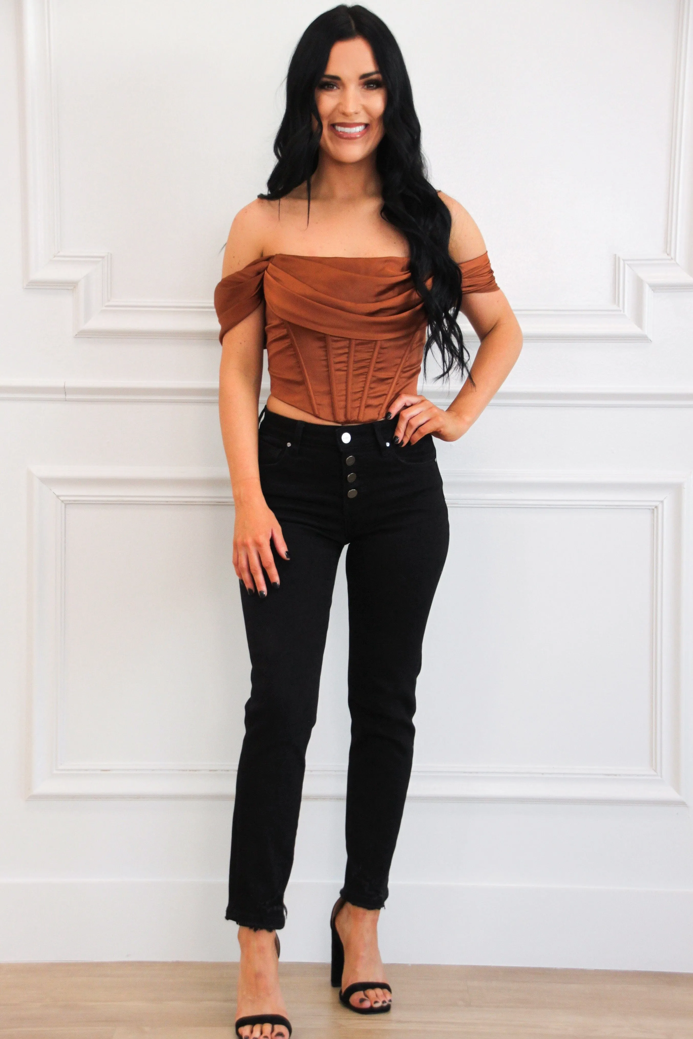Billy Off Shoulder Satin Bustier Crop Top: Rust sold by Bella and Bloom