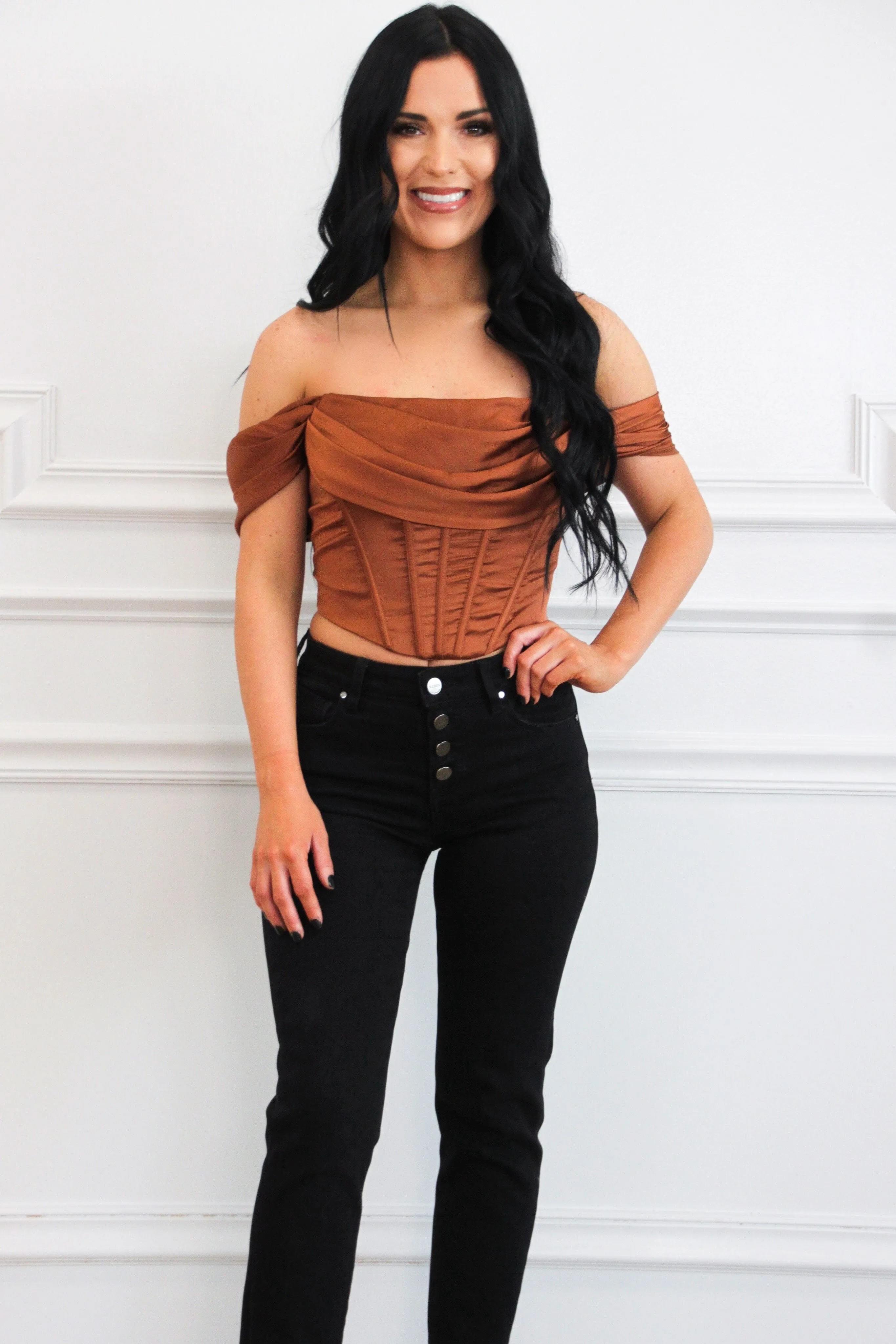 Billy Off Shoulder Satin Bustier Crop Top: Rust sold by Bella and Bloom product image thumbnail 2