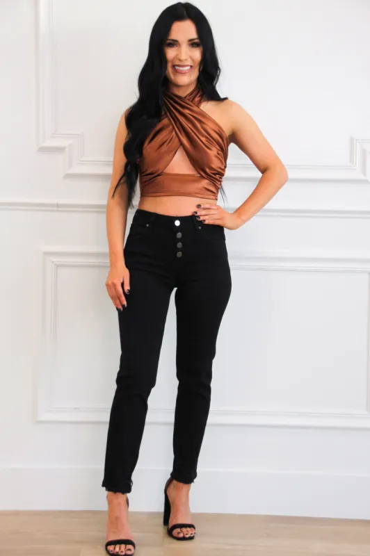 Kenzie Satin Halter Crop Top: Rust sold by Bella and Bloom