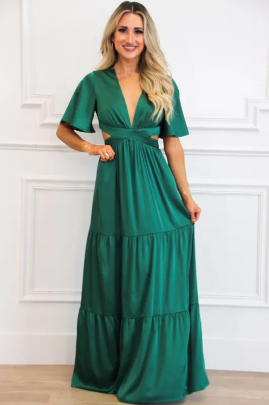 Braxton Cutout Satin Maxi Dress: Green sold by Bella and Bloom