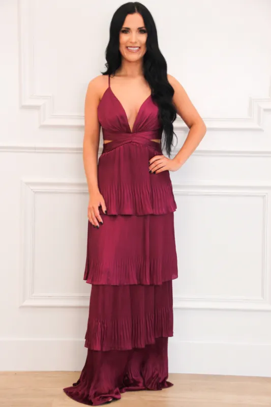 Lavish Love Satin Ruffle Maxi Dress: Plum sold by Bella and Bloom